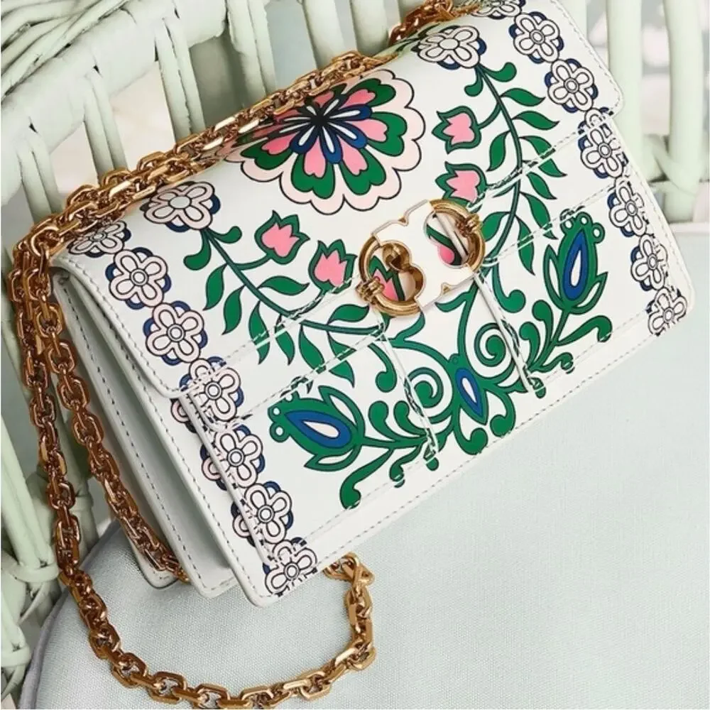 $625 Tory Burch White Garden Party Gemini Link Tri-Fold Leather Shoulder Bag